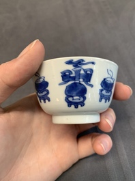 Seven Chinese blue and white cups and six saucers, Kangxi/Yongzheng