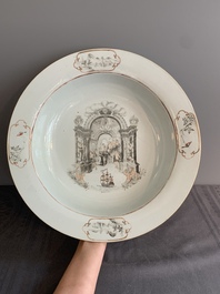 An extremely rare and large Chinese export porcelain European subject grisaille and gilt decorated 'marriage' basin, Qianlong, ca. 1750