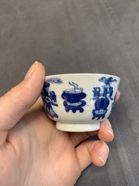 Seven Chinese blue and white cups and six saucers, Kangxi/Yongzheng