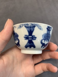 Seven Chinese blue and white cups and six saucers, Kangxi/Yongzheng