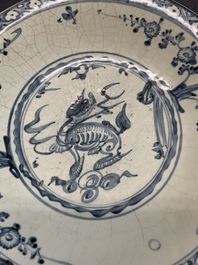 A Chinese Swatow blue and white 'kylin' dish, Ming