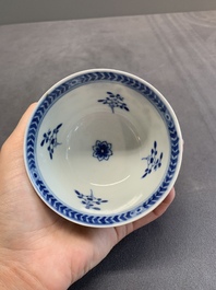 A pair of Chinese blue and white 'Catholic subject' cups and saucers with Madonna and child, Kangxi
