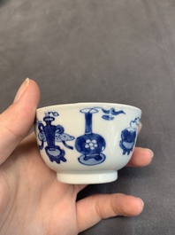 Seven Chinese blue and white cups and six saucers, Kangxi/Yongzheng