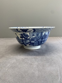 A Chinese blue and white 'klapmuts' bowl with figural design, Kangxi