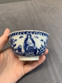 A pair of Chinese blue and white 'Catholic subject' cups and saucers with Madonna and child, Kangxi