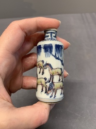 Four Chinese blue, white and copper-red snuff bottles, Yongzheng and Qianlong mark, 19th C.