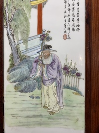 A Chinese carved wooden panel with famille rose Wang Qi 王琦-style plaques, dated 1932