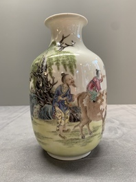A pair of Chinese famille rose lantern-shaped vases with figures and cows, Qianlong mark, Republic