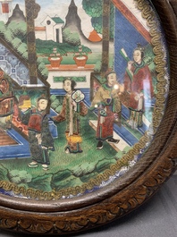 Canton school: 'A vibrant court garden scene', ink and colour on paper, 19th C.