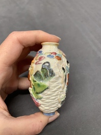 Two Chinese famille rose molded snuff bottles with figural design, Qianlong mark, 19th C.