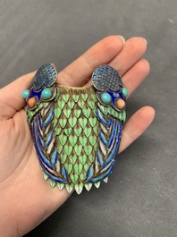 Two Chinese precious stone inset, enamelled and filigree silver mandarin duck-form boxes and covers, 19/20th C.