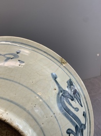 A Chinese Swatow blue and white 'kylin' dish, Ming