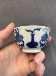 Seven Chinese blue and white cups and six saucers, Kangxi/Yongzheng