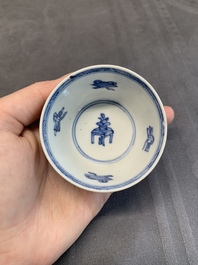 Seven Chinese blue and white cups and six saucers, Kangxi/Yongzheng