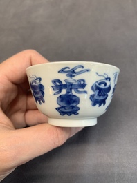 Seven Chinese blue and white cups and six saucers, Kangxi/Yongzheng