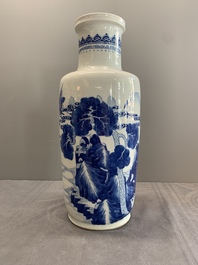 A Chinese blue and white 'deer and crane' rouleau vase, Kangxi