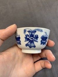 Seven Chinese blue and white cups and six saucers, Kangxi/Yongzheng