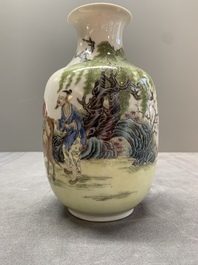 A pair of Chinese famille rose lantern-shaped vases with figures and cows, Qianlong mark, Republic