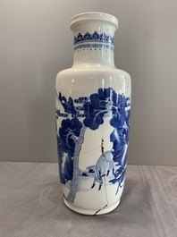 A Chinese blue and white 'deer and crane' rouleau vase, Kangxi