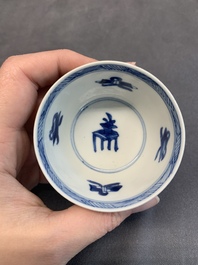 Seven Chinese blue and white cups and six saucers, Kangxi/Yongzheng