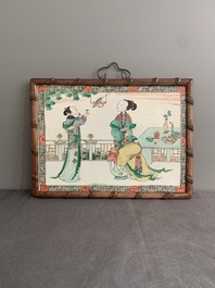 A Chinese famille verte plaque with ladies in a garden, Kangxi