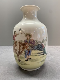 A pair of Chinese famille rose lantern-shaped vases with figures and cows, Qianlong mark, Republic