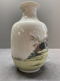 A pair of Chinese famille rose lantern-shaped vases with figures and cows, Qianlong mark, Republic