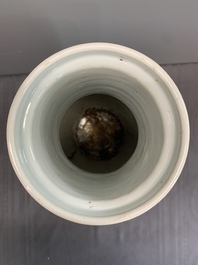 A Chinese blue and white 'deer and crane' rouleau vase, Kangxi