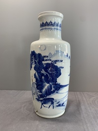 A Chinese blue and white 'deer and crane' rouleau vase, Kangxi