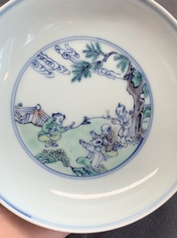A Chinese doucai 'playing boys' plate, Chenghua mark, 18th C.