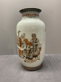 A Chinese gilt-decorated iron-red and grisaille lantern-shaped vase, signed Zhou Xiangpu 周湘浦, Ya Wan Zhen Cang 雅玩珍藏 mark, 20th C