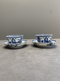 A pair of Chinese blue and white 'Catholic subject' cups and saucers with Madonna and child, Kangxi