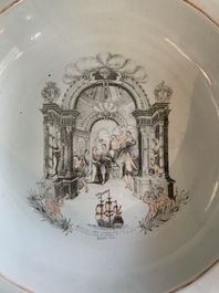 An extremely rare and large Chinese export porcelain European subject grisaille and gilt decorated 'marriage' basin, Qianlong, ca. 1750
