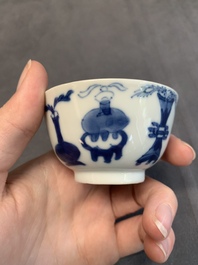 Seven Chinese blue and white cups and six saucers, Kangxi/Yongzheng
