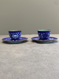 A pair of Chinese Canton enamel 'double happiness 囍' trembleuse cups and saucers, Qianlong/Jiaqing