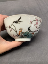 A Chinese famille rose bowl with birds amongst branches, 20th C.