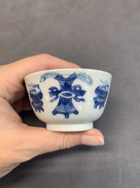 Seven Chinese blue and white cups and six saucers, Kangxi/Yongzheng