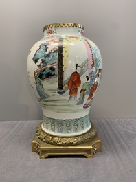A Chinese famille rose gilt bronze mounted vase with figural design, Yongzheng