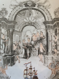 An extremely rare and large Chinese export porcelain European subject grisaille and gilt decorated 'marriage' basin, Qianlong, ca. 1750