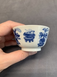 Seven Chinese blue and white cups and six saucers, Kangxi/Yongzheng