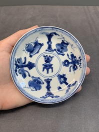 Seven Chinese blue and white cups and six saucers, Kangxi/Yongzheng
