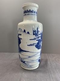 A Chinese blue and white 'deer and crane' rouleau vase, Kangxi