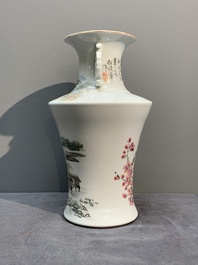A Chinese famille rose vase, Qianlong and Shinian 世寧 mark, 20th C., and a qianjiang cai vase, signed Ren Huanzhang 任煥章, dated 1942