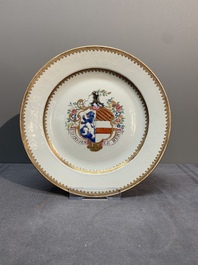 A pair of Chinese armorial plates with the arms of Giles impaling Despayne, Qianlong, ca. 1745