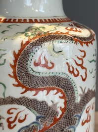A Chinese famille verte 'dragon and phoenix' rouleau vase, 19/20th C.