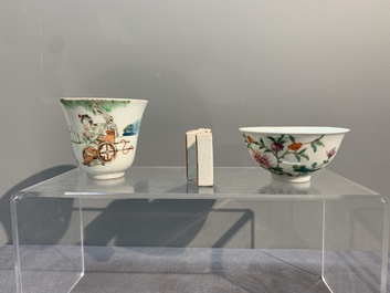 A Chinese famille rose bowl, a cup and a brush rest, Qianlong and Tongzhi mark, 19/20th C.