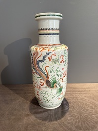 A Chinese famille verte 'dragon and phoenix' rouleau vase, 19/20th C.