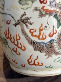 A Chinese famille verte 'dragon and phoenix' rouleau vase, 19/20th C.