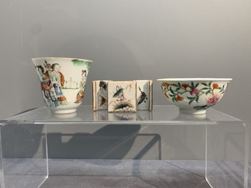 A Chinese famille rose bowl, a cup and a brush rest, Qianlong and Tongzhi mark, 19/20th C.