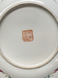 A pair of Chinese famille rose plates and a saucer for the Straits or Peranakan market, 19th C.